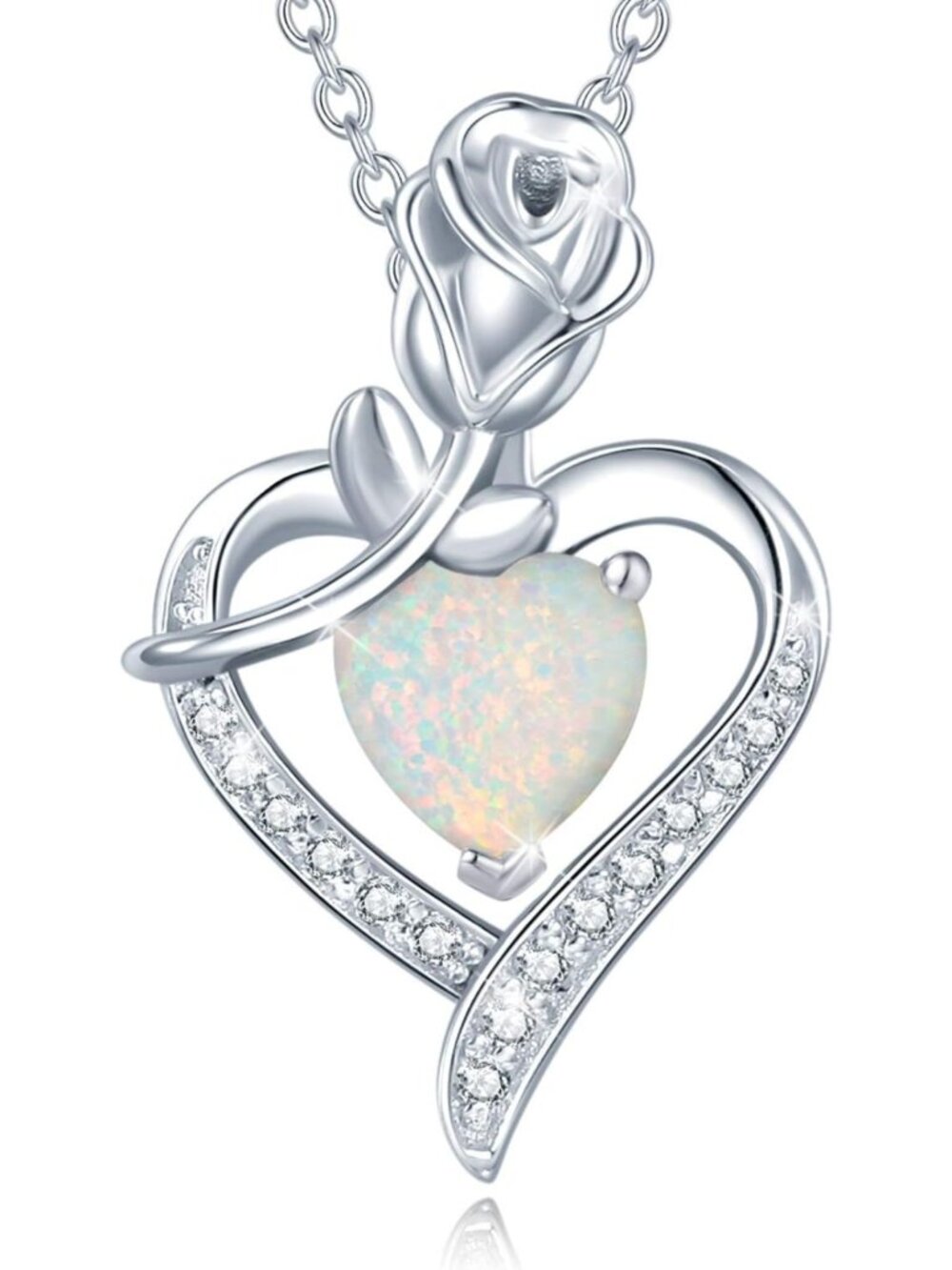 Sterling Silver Birthstone Necklace for Women - Rose Flower Heart Pendant Gift